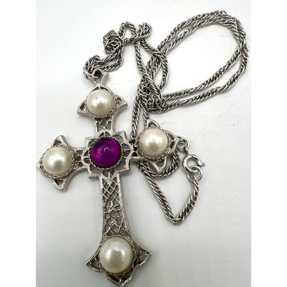 Sarah Coventry Crusaders Cross 24" Necklace Faux Pearls Purple Cabochon - Picture 2 of 5